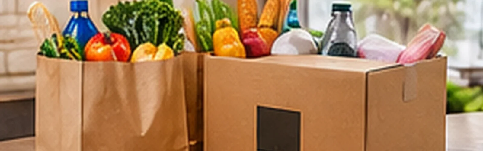 Sacolas e caixa com compras do mercado prontas para entrega